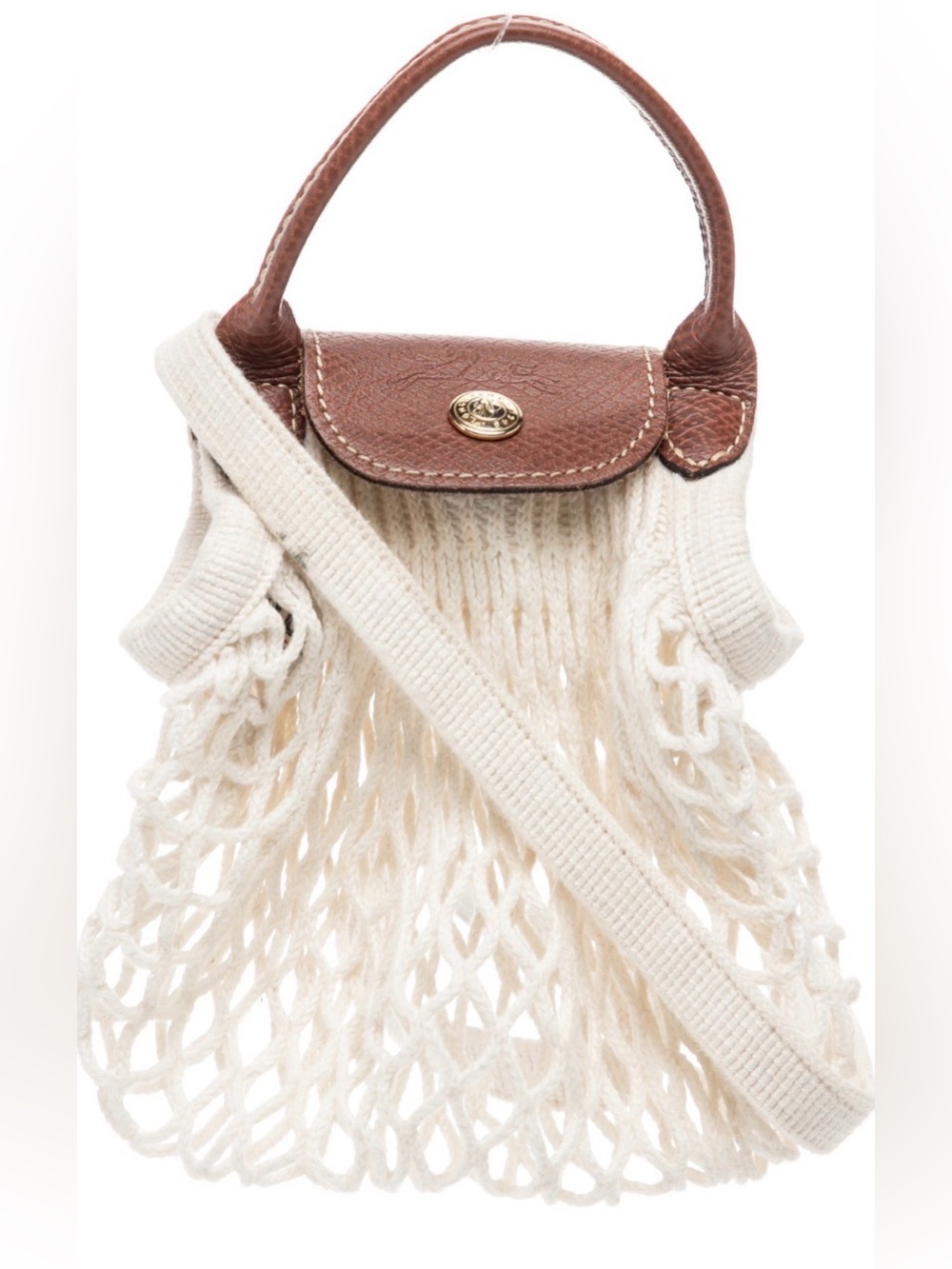 Longchamp Cream Net Tote with Brown Leather Trim